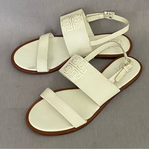 Tory Burch Flat White Slingback Sandals 8 M Big Logo Open Toe Leather - Picture 2 of 10